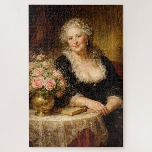 Vintage vrouw poseert met boeket rozen legpuzzel