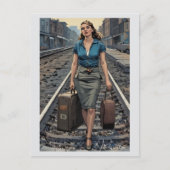 Vintage Vrouw Stations Koffers Bagage Rekken Briefkaart (Voorkant)