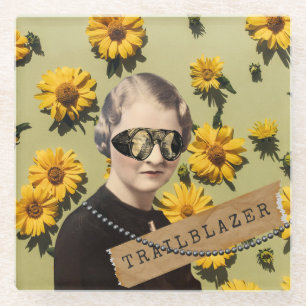 Vintage Vrouw Trailblazer Daisies Kitsch  Glazen Onderzetter
