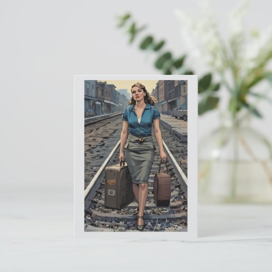 Vintage vrouw trein station bagage briefkaart (Staand voorkant)