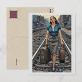 Vintage vrouw trein station bagage briefkaart (Voorkant / Achterkant)