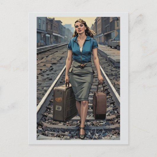 Vintage vrouw trein station bagage briefkaart (Voorkant)