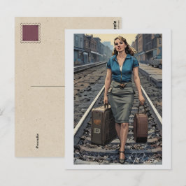 Vintage vrouw trein station spoor koffers briefkaart