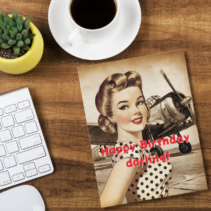 Vintage Vrouw & WW2 Vliegtuig, Elegante Verjaardag Briefkaart