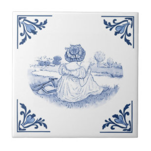 Vintage Vrouwen Tekening Delft Hoek Blauw en Wit Tegeltje
