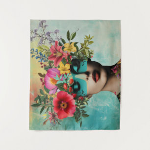 Vintage Vrouwenportret met Bloemen Wandkleed