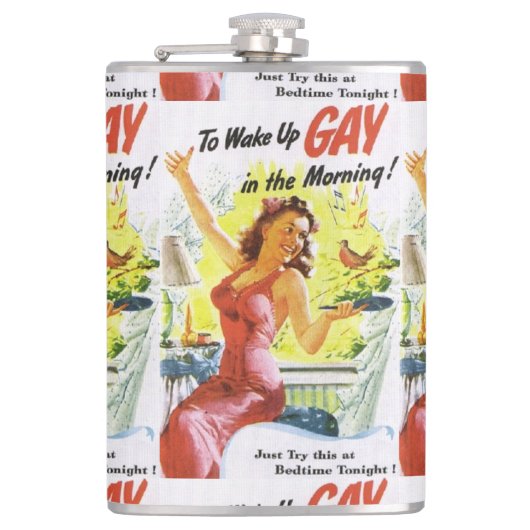 Vintage "wakker worden als homo" heupfles (Voorkant)