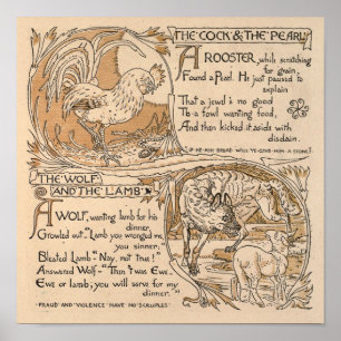 Vintage Walter Crane: Rooster & Pearl Wolf & Lamb Poster