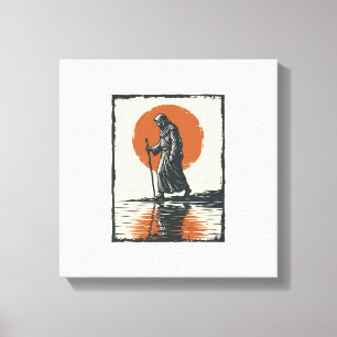 Vintage Wandelende Figuur Zonsondergang Reflectie  Canvas Afdruk
