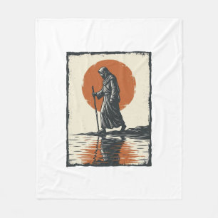 Vintage Wandelende Figuur Zonsondergang Reflectie Fleece Deken