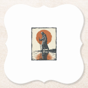 Vintage Wandelende Figuur Zonsondergang Reflectie Kartonnen Onderzetters