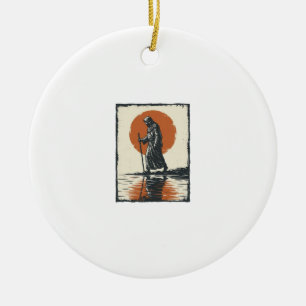 Vintage Wandelende Figuur Zonsondergang Reflectie  Keramisch Ornament
