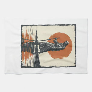 Vintage Wandelende Figuur Zonsondergang Reflectie Theedoek