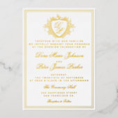 Vintage wapen goud folie monogram bruiloft uitnodiging (Voorkant)