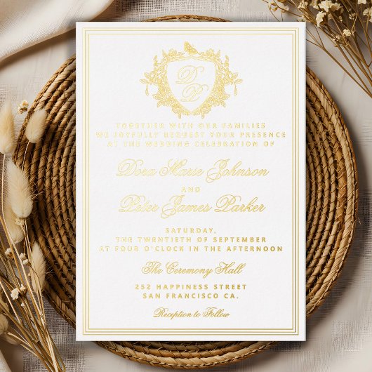 Vintage wapen goud folie monogram bruiloft uitnodiging
