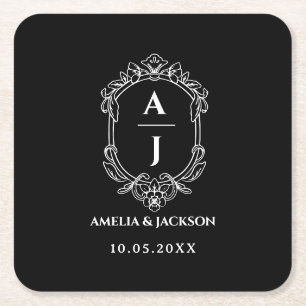 vintage wapen wedding, monogram bloem kartonnen onderzetters