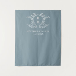Vintage Wapenschild Bloem Motief Stofblauw Trouw Wandkleed