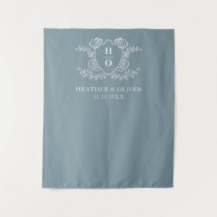 Vintage Wapenschild Bloem Motief Stofblauw Trouw Wandkleed