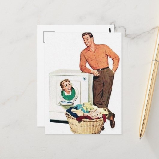 vintage wasdamestoestel man briefkaart (Voorkant / Achterkant in situ)