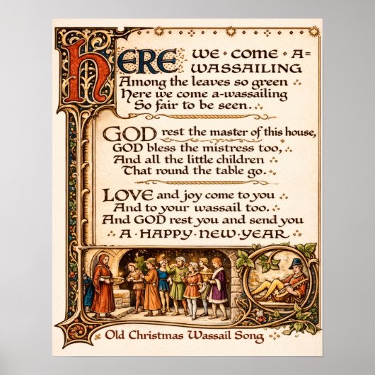 Vintage Wassail Lied Verluchte Manuscript Kunst Poster (Voorkant)