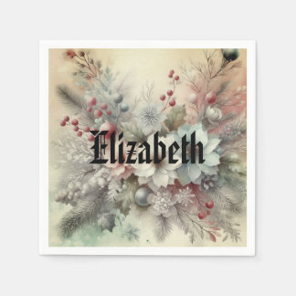 Vintage Watercolor Christmas Floral and Ornaments Servet