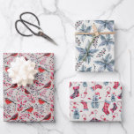 Vintage Watercolor Christmas Trio Inpakpapier Vel<br><div class="desc">Set van drie kerstcadeaupapier vellen met botanische kardinaal,  blauwe poinsettia en schattig man met snoepstokken en kousen retro kerstpatronen. Maakt 19 inch x 29 inch groot. Verkrijgbaar in matte en halfglanzende afwerking.</div>