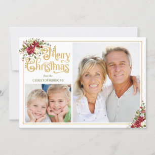 Vintage Watercolor Floral MERRY CHRISTMAS Foto Feestdagenkaart