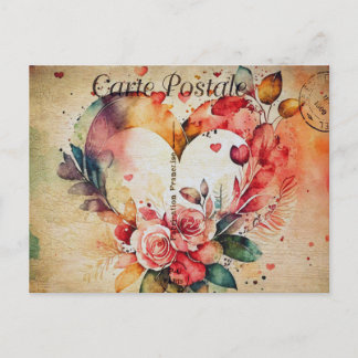 Vintage Watercolor Heart & Flowers 1 Briefkaart