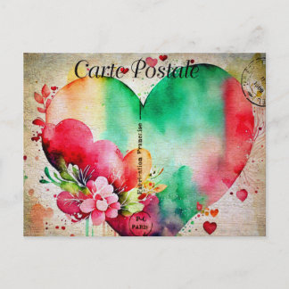 Vintage Watercolor Heart & Flowers 2 Briefkaart
