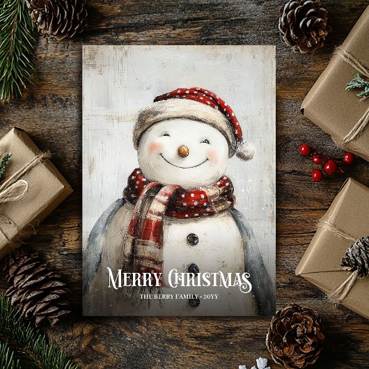 Vintage watercolor red white Christmas snowman Feestdagenkaart