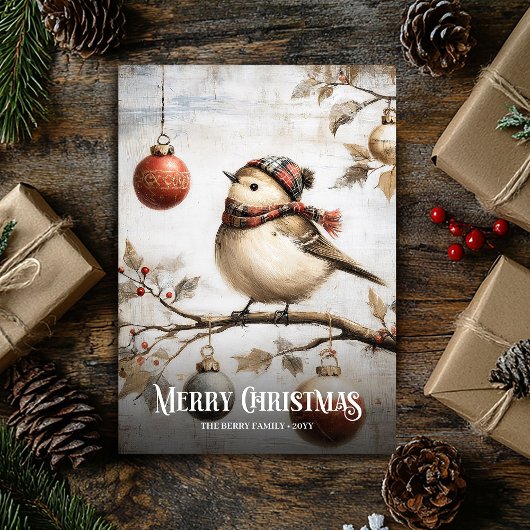 Vintage Watercolor Red White Christmas Sparrow Feestdagenkaart