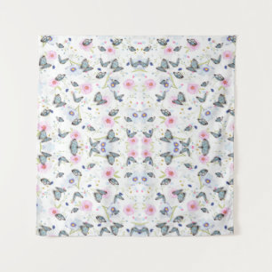 Vintage Waterverf Blauwe Vlinder & Roze Bloemen Wandkleed