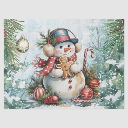 Vintage Waterverf Decoupage Kerstsneeuwman Tissuepapier (Voorkant)