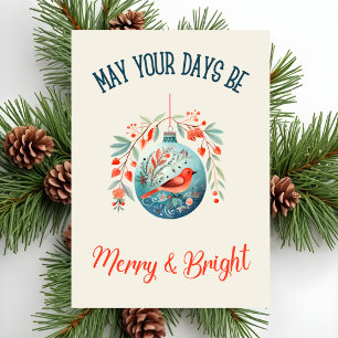 Vintage Waterverf Koel Blauw & Rode Vogel Kerstmis Feestdagenkaart