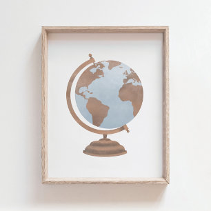 Vintage Waterverf Wereldbol Reisdecor Poster