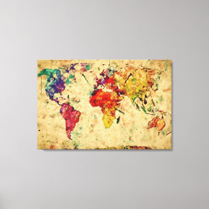 Vintage Waterverf Wereldkaart Canvas Afdruk