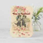 Vintage Weddenschap Kat Couple Soft Gold Invitatio Kaart (Staand voorkant)