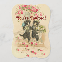Vintage Weddenschap Kat Couple Soft Gold Invitatio Kaart
