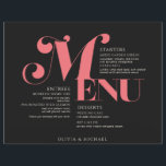 Vintage Wedding Black Salmon Pink<br><div class="desc">Deze  11 x 8, 5-inch trouwpagina's maken zwarte letters mogelijk met een gestileerde "Menu",  in grote zalmroze letters op een zwarte achtergrond. Het menu heeft placeholders voor 2 eetapparaten,  2 entrees,  en 2 desserts en de initialen van het trouwpaar.</div>