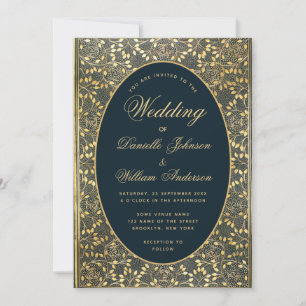 Vintage Wedding Blue Gold Leaves Monogram op Terug Kaart
