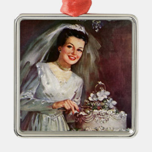Vintage Wedding, Bride die de bruiloft pakt Metalen Ornament