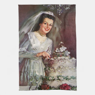 Vintage Wedding, Bride die de bruiloft pakt Theedoek