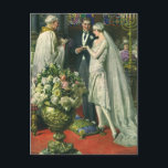 Vintage Wedding, Bride en Groom met Menorah Briefkaart<br><div class="desc">Vintage illustratie liefde en romance bruiloft ceremonie afbeelding met een paar dat getrouwd is in een mooie synagoge met gekleurde glazen ramen,  bloemen en een zeven tak menorah. De bruid draagt een lange witte trouwjurk en de bruidegom is knap in zijn tuxedo.</div>