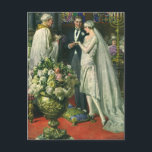 Vintage Wedding, Bride en Groom met Menorah Briefkaart<br><div class="desc">Vintage illustratie liefde en romance bruiloft ceremonie afbeelding met een paar dat getrouwd is in een mooie synagoge met gekleurde glazen ramen,  bloemen en een zeven tak menorah. De bruid draagt een lange witte trouwjurk en de bruidegom is knap in zijn tuxedo.</div>