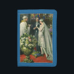 Vintage Wedding, Bride en Groom met Menorah Drievoud Portemonnee<br><div class="desc">Vintage illustratie liefde en romance bruiloft ceremonie afbeelding met een paar dat getrouwd is in een mooie synagoge met gekleurde glazen ramen,  bloemen en een zeven tak menorah. De bruid draagt een lange witte trouwjurk en de bruidegom is knap in zijn tuxedo.</div>