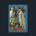 Vintage Wedding, Bride en Groom met Menorah Drievoud Portemonnee<br><div class="desc">Vintage illustratie liefde en romance bruiloft ceremonie afbeelding met een paar dat getrouwd is in een mooie synagoge met gekleurde glazen ramen,  bloemen en een zeven tak menorah. De bruid draagt een lange witte trouwjurk en de bruidegom is knap in zijn tuxedo.</div>