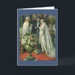 Vintage Wedding, Bride en Groom met Menorah Kaart<br><div class="desc">Vintage illustratie liefde en romance bruiloft ceremonie afbeelding met een paar dat getrouwd is in een mooie synagoge met gekleurde glazen ramen,  bloemen en een zeven tak menorah. De bruid draagt een lange witte trouwjurk en de bruidegom is knap in zijn tuxedo.</div>