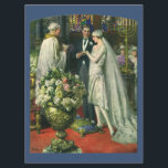 Vintage Wedding, Bride en Groom met Menorah Kaart<br><div class="desc">Vintage illustratie liefde en romance bruiloft ceremonie afbeelding met een paar dat getrouwd is in een mooie synagoge met gekleurde glazen ramen,  bloemen en een zeven tak menorah. De bruid draagt een lange witte trouwjurk en de bruidegom is knap in zijn tuxedo.</div>