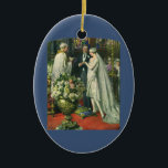Vintage Wedding, Bride en Groom met Menorah Keramisch Ornament<br><div class="desc">Vintage illustratie liefde en romance bruiloft ceremonie afbeelding met een paar dat getrouwd is in een mooie synagoge met gekleurde glazen ramen,  bloemen en een zeven tak menorah. De bruid draagt een lange witte trouwjurk en de bruidegom is knap in zijn tuxedo.</div>