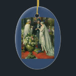Vintage Wedding, Bride en Groom met Menorah Keramisch Ornament<br><div class="desc">Vintage illustratie liefde en romance bruiloft ceremonie afbeelding met een paar dat getrouwd is in een mooie synagoge met gekleurde glazen ramen,  bloemen en een zeven tak menorah. De bruid draagt een lange witte trouwjurk en de bruidegom is knap in zijn tuxedo.</div>